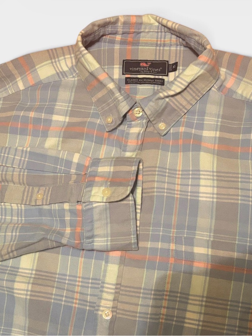 Vineyard Vines Murray Shirt Mens XL Plaid Blue Tan Coral Classic Fit Linen
